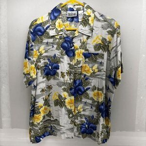 Vintage 80s Bill Blass Rayon Hawaiian Floral Hibiscus Shirt Blue Yellow Mens M